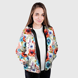Куртка с капюшоном женская Синие и красные маки на белом - паттерн, цвет: 3D-черный — фото 2