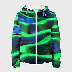 Куртка с капюшоном женская Зеленые неоновые волны, цвет: 3D-белый