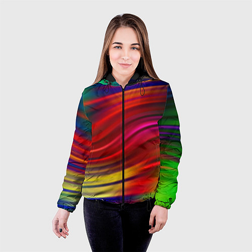 Женская куртка Разноцветный абстрактный узор волны / 3D-Черный – фото 4