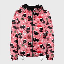 Куртка с капюшоном женская Новогодние чёрные котики с подарками, цвет: 3D-черный