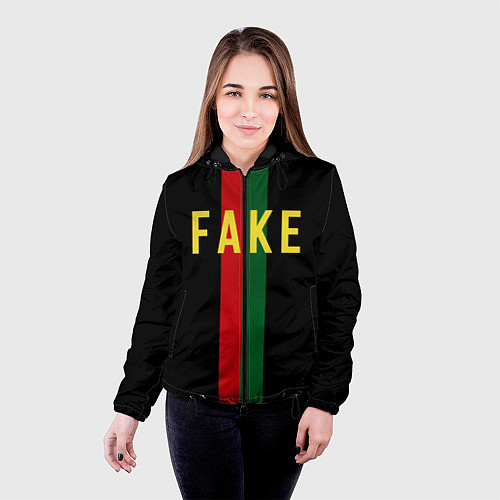 Женская куртка Fake зелёная и красная полосы / 3D-Черный – фото 4