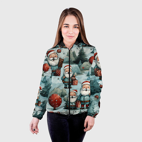 Женская куртка Рождественский узор с Санта Клаусами / 3D-Черный – фото 4
