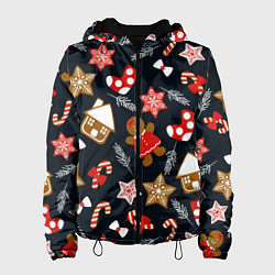 Куртка с капюшоном женская Рождественские пряники - праздничный паттерн, цвет: 3D-черный