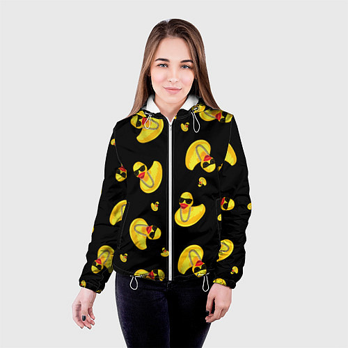 Женская куртка Жёлтая уточка в в темных очках и цепочке на черном / 3D-Белый – фото 4