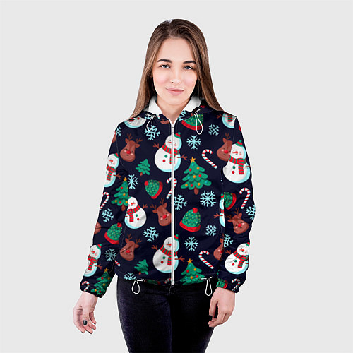 Женская куртка Снеговички с рождественскими оленями и елками / 3D-Белый – фото 4