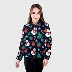 Куртка с капюшоном женская Снеговички с рождественскими оленями и елками, цвет: 3D-черный — фото 2