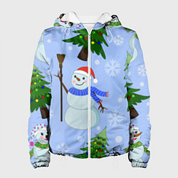 Куртка с капюшоном женская Снеговики с новогодними елками паттерн, цвет: 3D-белый