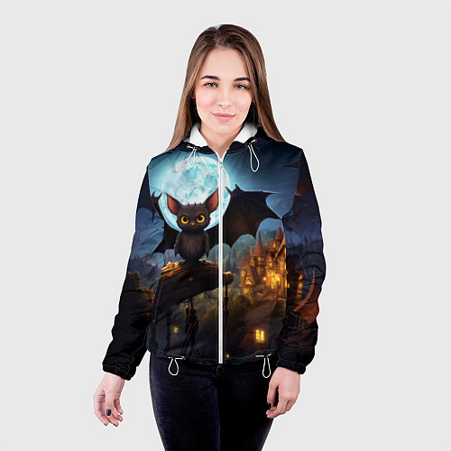 Женская куртка Летучая мышка на фоне луны и замка / 3D-Белый – фото 4