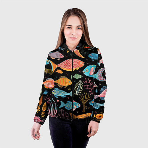 Женская куртка Фолк-арт рыбовы / 3D-Черный – фото 4