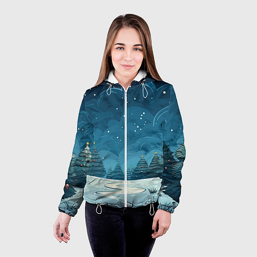 Женская куртка Зеленые елки новый год / 3D-Белый – фото 4
