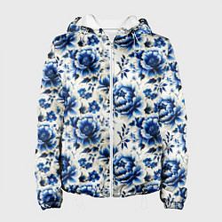 Куртка с капюшоном женская Гжель узор паттерн, цвет: 3D-белый
