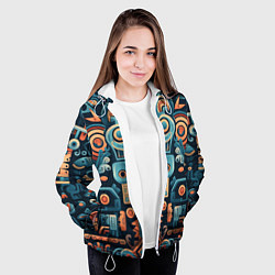 Куртка с капюшоном женская Симметричный абстрактный паттерн в ацтекском стиле, цвет: 3D-белый — фото 2