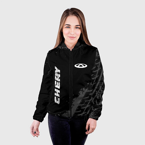 Женская куртка Chery speed на темном фоне со следами шин вертикал / 3D-Черный – фото 4