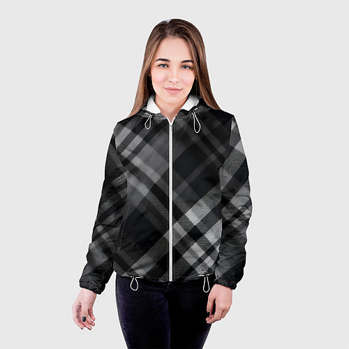 Женская куртка Черно-белая диагональная клетка в шотландском стил / 3D-Белый – фото 4