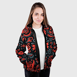 Куртка с капюшоном женская Красно-черный узор в славянском стиле, цвет: 3D-черный — фото 2