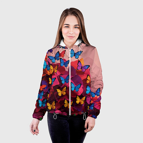 Женская куртка Разноцветные бабочки - розовые цветы / 3D-Белый – фото 4