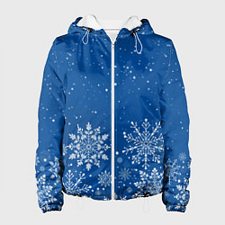Куртка с капюшоном женская Текстура снежинок на синем фоне, цвет: 3D-белый