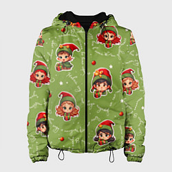 Куртка с капюшоном женская Эльфы и новогодние фразы - паттерн, цвет: 3D-черный