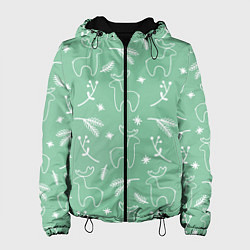 Куртка с капюшоном женская Зеленый рождественский узор с оленями, цвет: 3D-черный