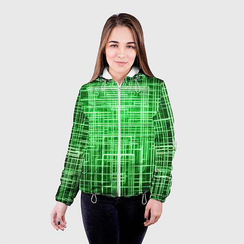 Женская куртка Зелёные неоновые полосы киберпанк / 3D-Белый – фото 4