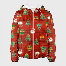 Женская куртка Елочки и Санта - паттерн красная клетка