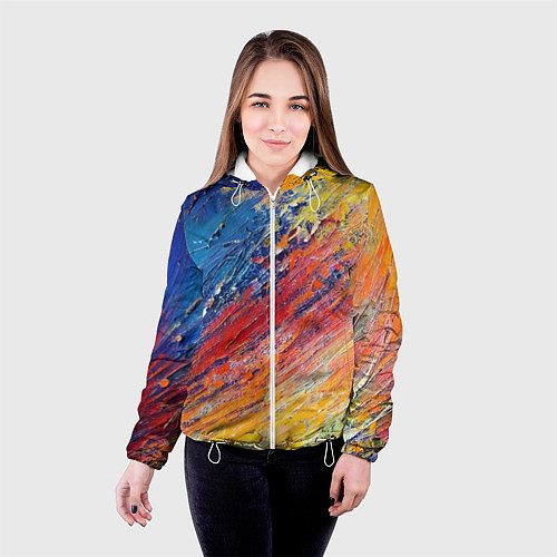 Женская куртка Смешение масляных красок синий жёлтый красный живо / 3D-Белый – фото 4