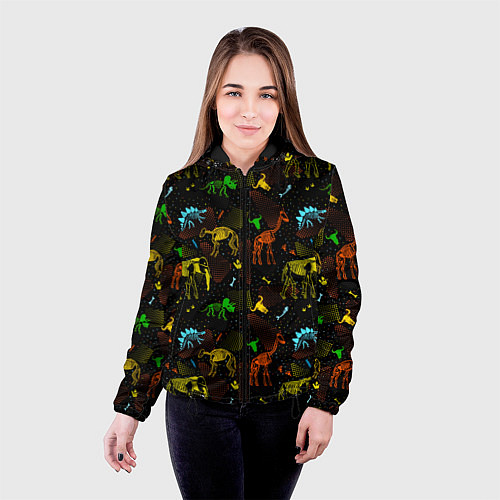 Женская куртка Скелеты динозавров неон / 3D-Черный – фото 4