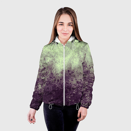 Женская куртка Абстракция - фиолетовые пятна на зеленом фоне / 3D-Белый – фото 4