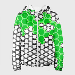 Куртка с капюшоном женская Зелёная энерго-броня из шестиугольников, цвет: 3D-белый