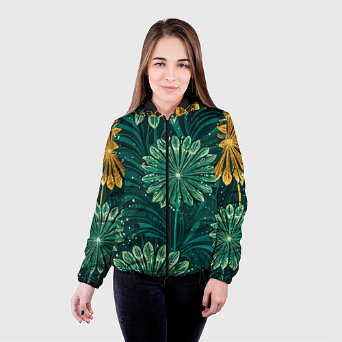 Женская куртка Одуванчики зеленая с желтым акцентом абстракция / 3D-Черный – фото 4