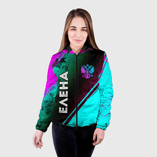 Женская куртка Елена и неоновый герб России вертикально / 3D-Черный – фото 4