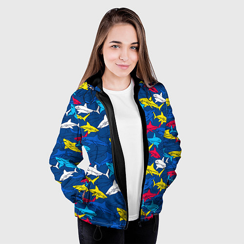 Женская куртка Разноцветные акулы на глубине / 3D-Черный – фото 3