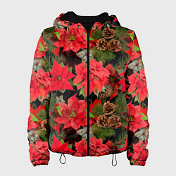 Женская куртка Новогодний узор из пуансетии и еловых шишек