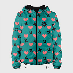 Куртка с капюшоном женская Бирюза и розовый: сердца и сюрикены, цвет: 3D-черный