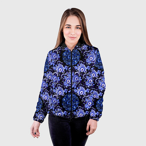 Женская куртка Новогодняя гжель роспись на чёрном фоне / 3D-Черный – фото 4