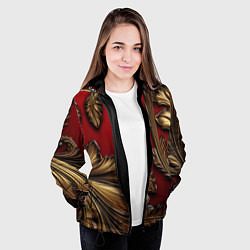 Куртка с капюшоном женская Золотые объемные листья на красном фоне, цвет: 3D-черный — фото 2