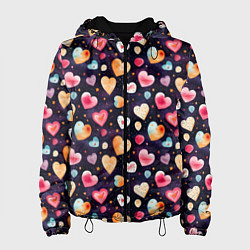 Куртка с капюшоном женская Паттерн с сердечками на Валентинов день, цвет: 3D-черный