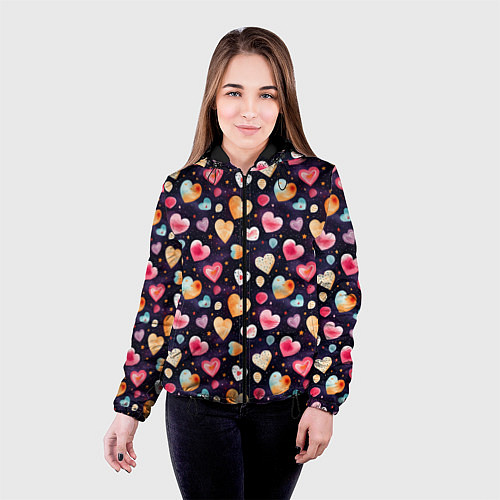 Женская куртка Паттерн с сердечками на Валентинов день / 3D-Черный – фото 4