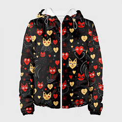 Куртка с капюшоном женская Паттерн с сердечками и котами валентинка, цвет: 3D-белый