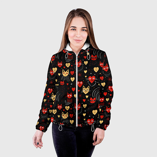 Женская куртка Паттерн с сердечками и котами валентинка / 3D-Белый – фото 4