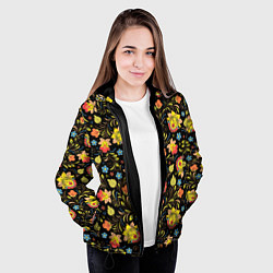 Куртка с капюшоном женская Хохломская роспись разноцветные цветы, цвет: 3D-черный — фото 2