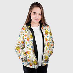 Куртка с капюшоном женская Хохломская роспись разноцветные цветы на белом фон, цвет: 3D-черный — фото 2