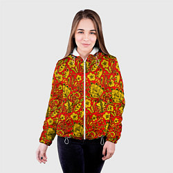 Куртка с капюшоном женская Хохломская роспись золотистые цветы на красном фон, цвет: 3D-белый — фото 2