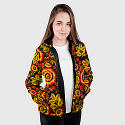 Куртка с капюшоном женская Хохломская роспись золотистые листья и цветы чёрно, цвет: 3D-черный — фото 2
