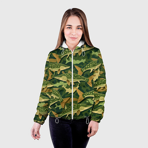 Женская куртка Камуфляж рыболова - рыба щука / 3D-Белый – фото 4