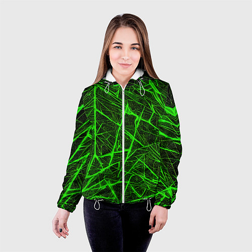 Женская куртка Зелёная паутина на чёрном фоне / 3D-Белый – фото 4