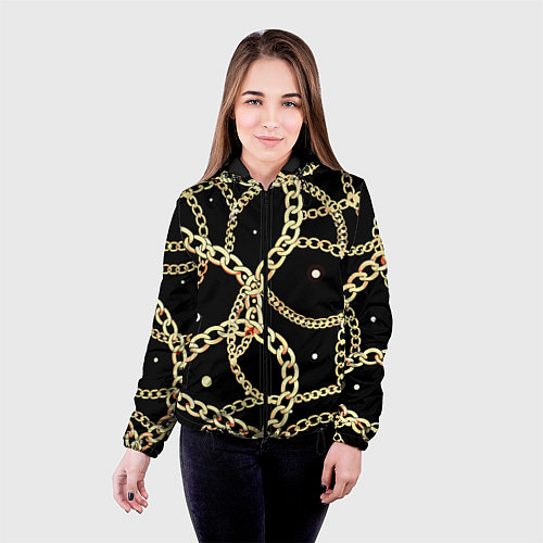 Женская куртка Золотые цепи на черном - ювелирные украшения патте / 3D-Черный – фото 4