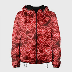 Куртка с капюшоном женская Неоновые сердечки красные, цвет: 3D-черный