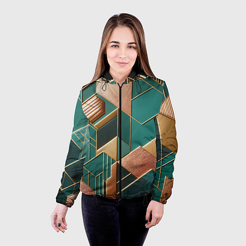 Женская куртка Арт деко зеленый и золотой узор из геометрических / 3D-Черный – фото 4