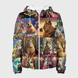 Куртка с капюшоном женская Коллаж капибара король в короне, цвет: 3D-белый